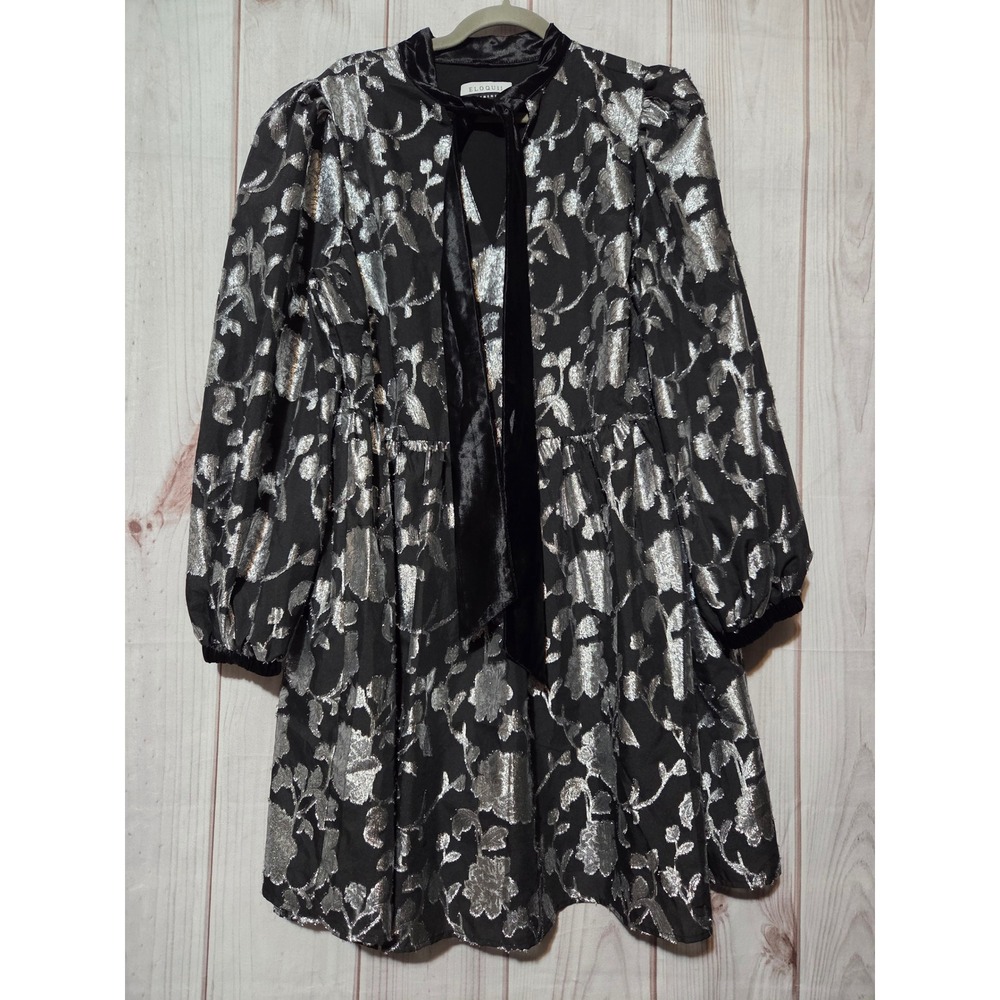 Eloquii Elements Silver Metallic Floral Jacquard Tie Neck Mini Dress‎ 16 Black